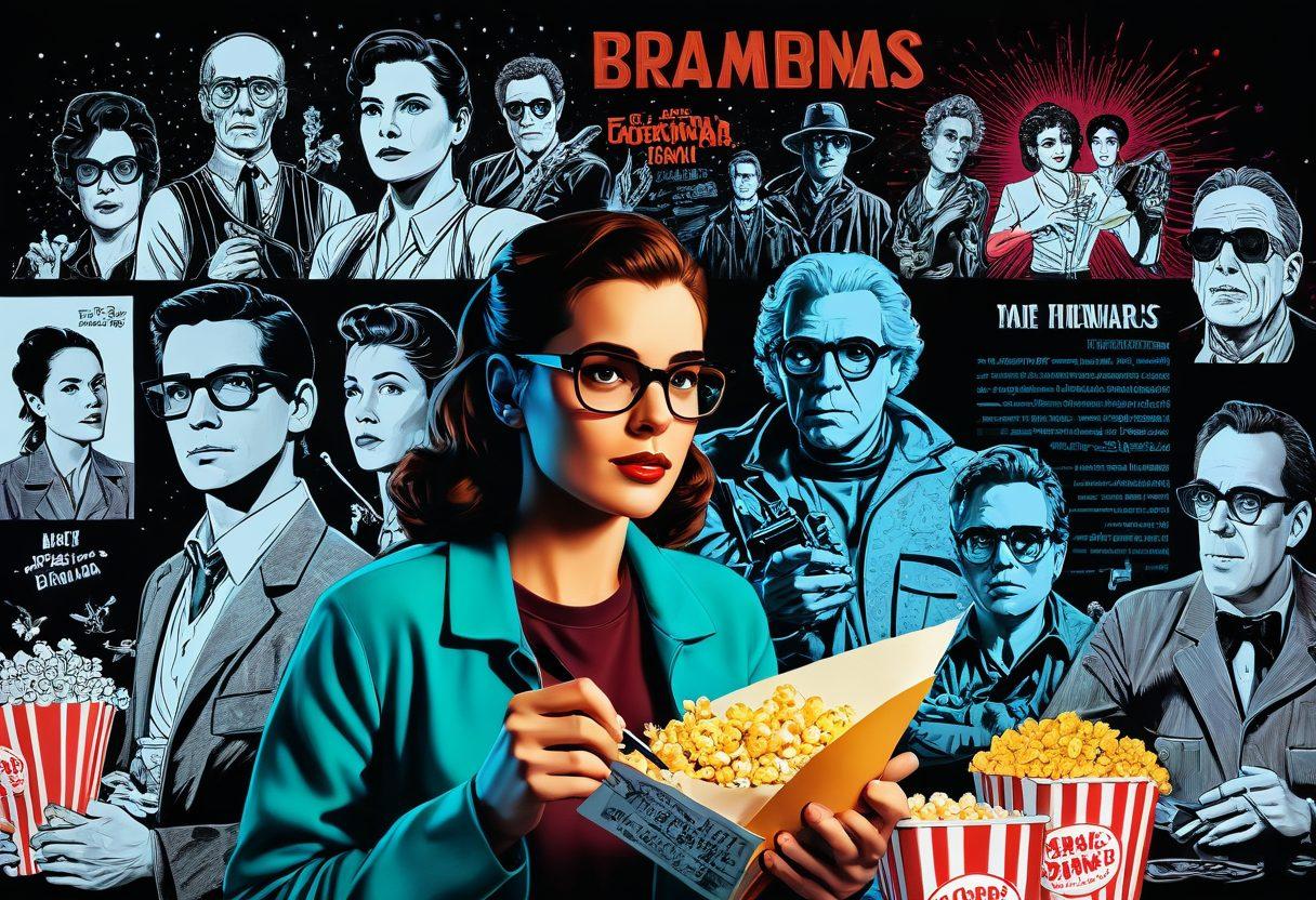 A visually captivating collage of iconic movie scenes blending seamlessly into each other, showcasing various film genres such as horror, romance, and sci-fi. In the foreground, an animated film critic scribbles notes on a notepad, surrounded by popcorn and 3D glasses. The background features a vibrant projection screen displaying the evolution of movie trends over time. The overall mood is dynamic and engaging, inviting film enthusiasts and critics to explore the world of cinema. painting. vibrant colors. retro style.