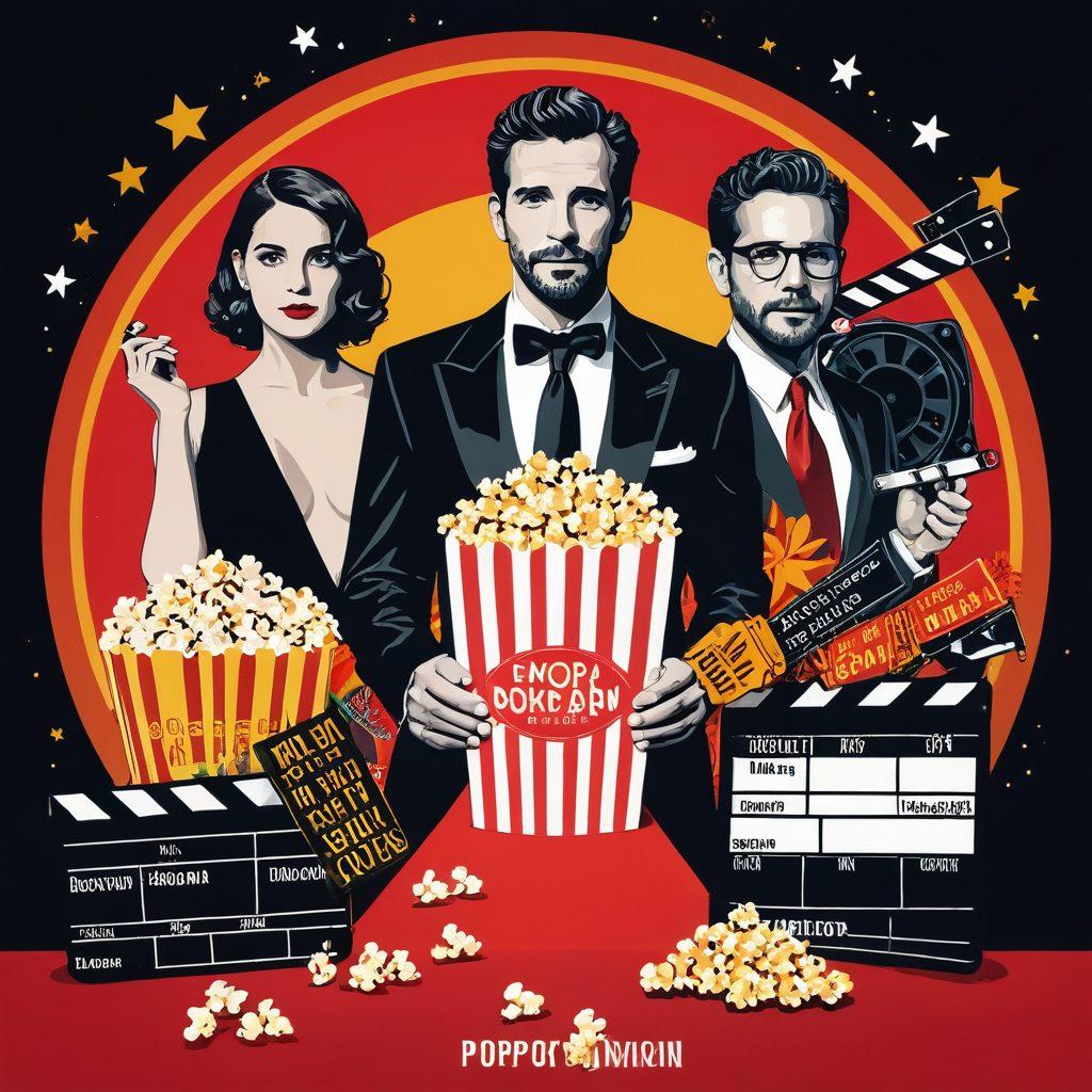A captivating collage showcasing a vibrant indie film poster on one side with a red carpet scene featuring glamorous celebrities on the other side. Above, a film reel intertwines the two worlds, with bright spotlights illuminating the scene. The background is filled with a festive atmosphere, with movie-related icons like popcorn and clapperboards. Emphasize a playful and artistic blend of cinematic elements. vector art. vibrant colors. white background.